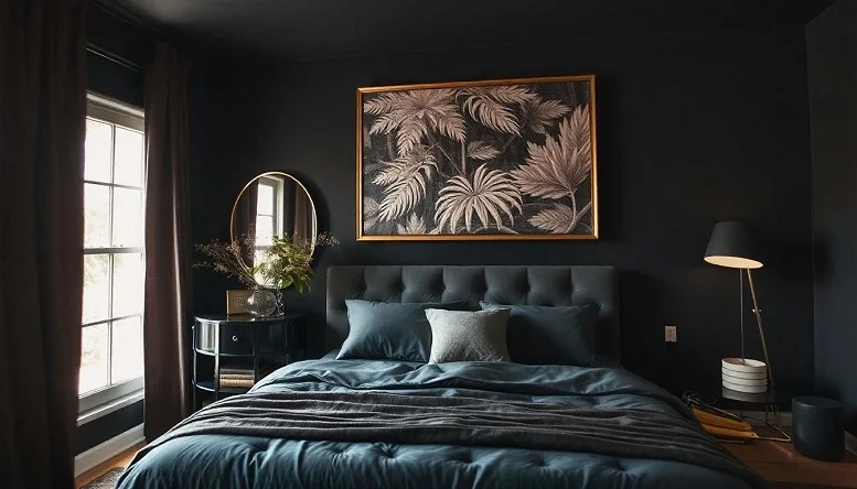 Black bedroom with large mirrors reflecting light, creating a spacious and elegant feel