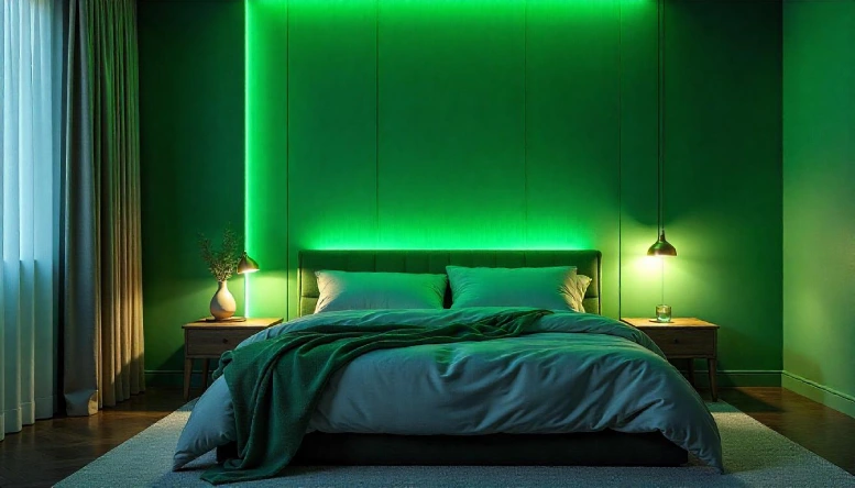 A bedroom featuring illuminated green panels on the walls, creating a unique and elegant ambiance with soft, ambient lighting that enhances the dark green decor.