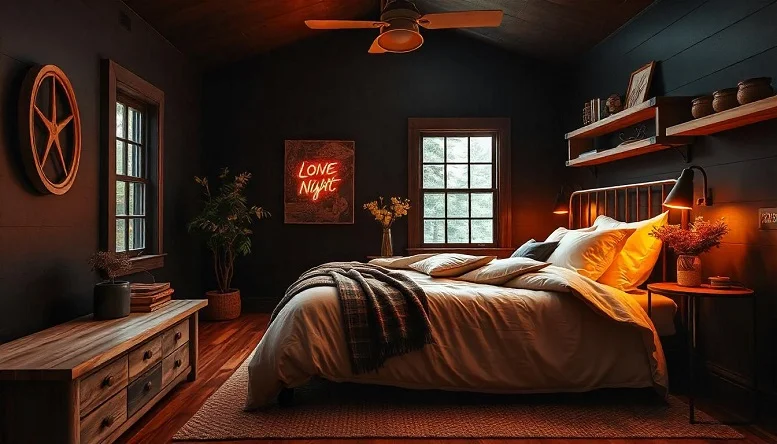 Black bedroom with rustic wooden furniture, cozy lighting, and vintage-inspired decor for a farmhouse charm. 