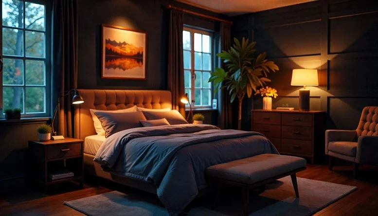 Modern black bedroom with layered lighting, including pendant lights and bedside lamps, creating a warm and welcoming ambiance. 