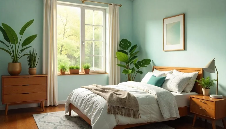 Bedroom with indoor plants and a mid century modern wooden bed and dresser. 