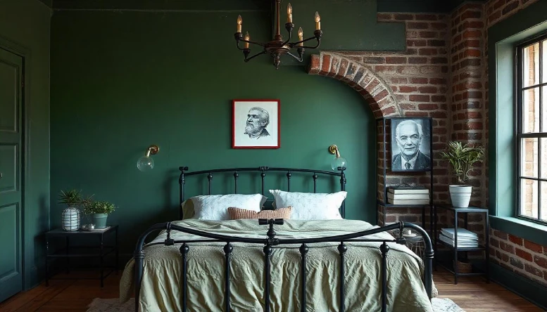 A dark green bedroom featuring industrial chic elements such as exposed metal light fixtures, raw wood accents, and a metal-framed bed, creating a stylish and elegant ambiance.