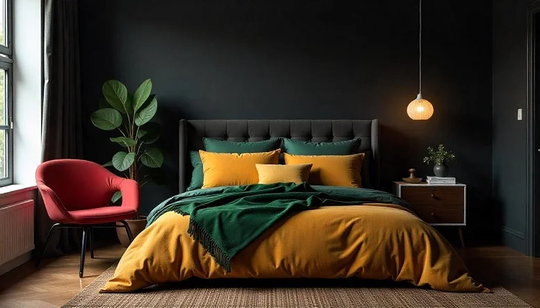 Black bedroom with mustard yellow and green accents, creating a vibrant contrast and luxurious feel. 