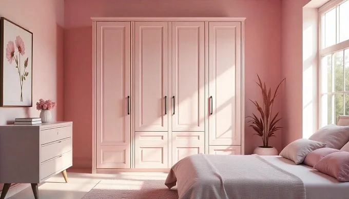 Pink bedroom with a velvet headboard and cozy upholstered furniture