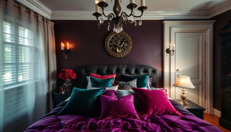 A Gothic bedroom featuring jewel-toned accents like emerald green pillows, sapphire blue drapes, and amethyst purple throws, adding rich color to the dark, moody space.