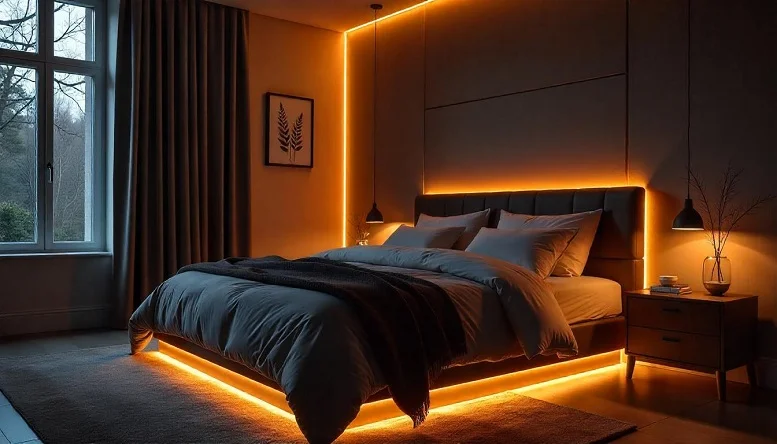 Bedroom with soft orange LED strip lighting under the bed and along the walls. 