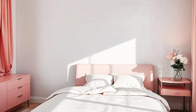 Minimalist pink bedroom with neutral beige and white accents