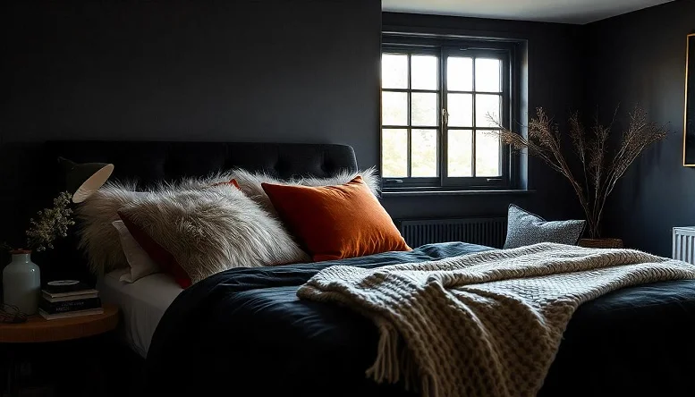 Black bedroom with layered textures like fur, knit blankets, and soft cushions for a cozy atmosphere. 