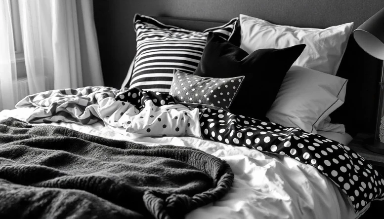 Black and white bedroom with layered bedding featuring soft textures, patterned pillows, and cozy blankets.