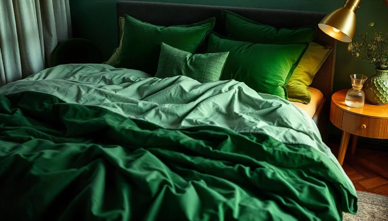 A bedroom featuring layered green bedding in various shades and textures, creating a cozy and elegant look against dark green walls.