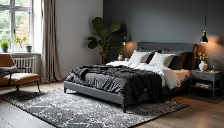 Layered black and grey rugs on a wooden floor in a cozy bedroom. 