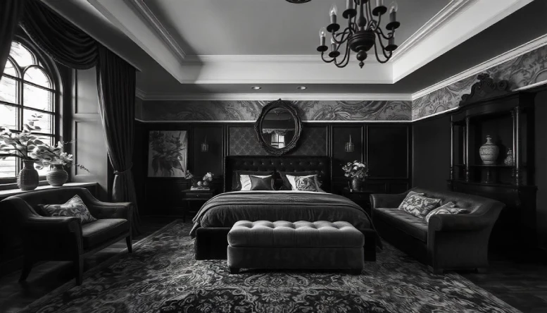 A Gothic bedroom featuring layered textures with velvet accents, including plush velvet bedding and cushions, creating a rich and moody atmosphere.