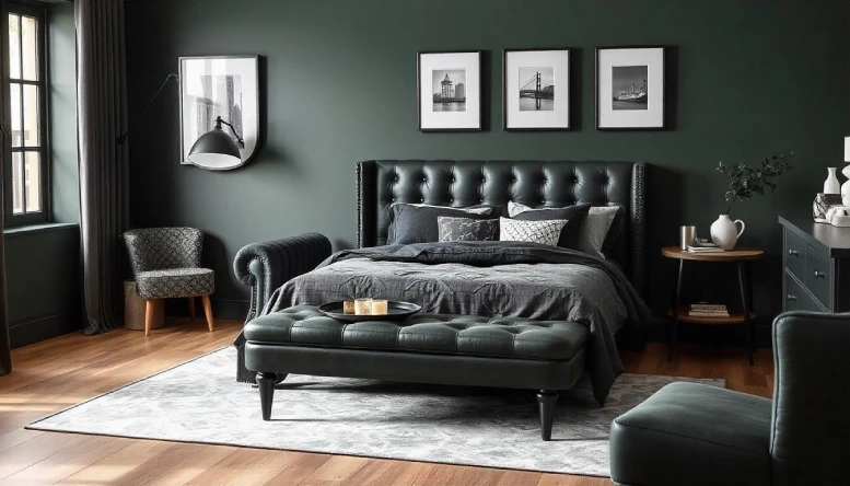 A dark green bedroom featuring leather accents, including a luxurious leather armchair and throw pillows, adding warmth and sophistication to the space.