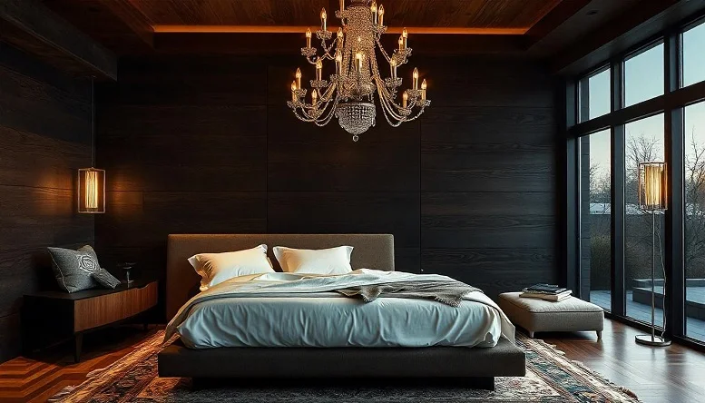 Brass pendant lights and a sleek chandelier in a mid century modern bedroom. 