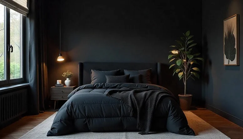 Sleek black bedroom with monochromatic decor, textured bedding, and minimalist furniture for a cohesive look. 