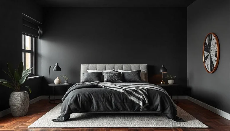 Matte black-painted bedroom wall with cozy furniture and lighting. 