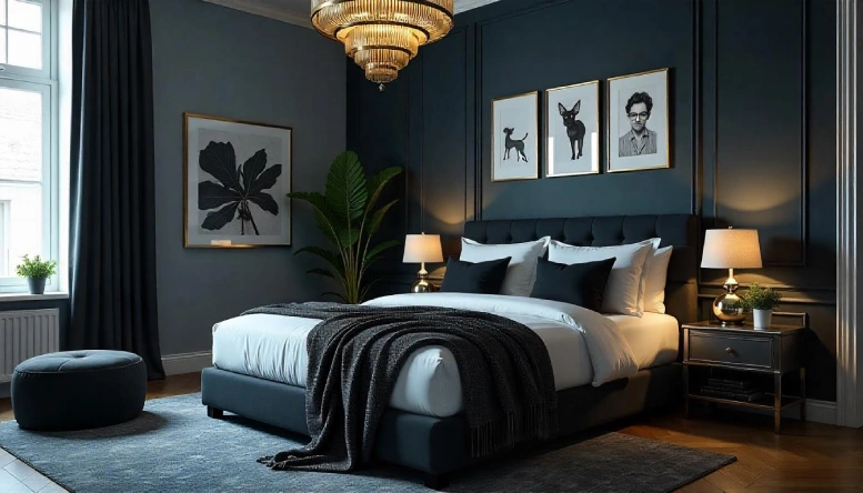 Black and white bedroom with metallic gold accents, cozy bedding, and modern decor elements.