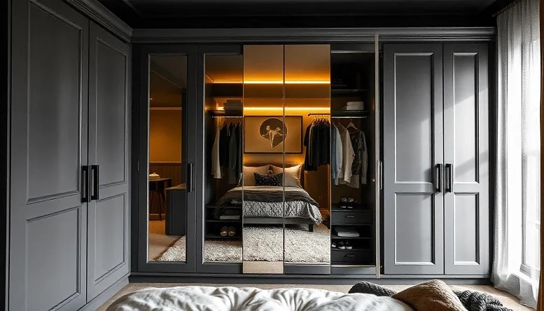 Mirrored wardrobe with built-in lighting in a grey-themed bedroom. 