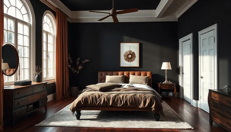 Black bedroom with brown leather furniture and warm wooden tones for a cozy and balanced vibe. 