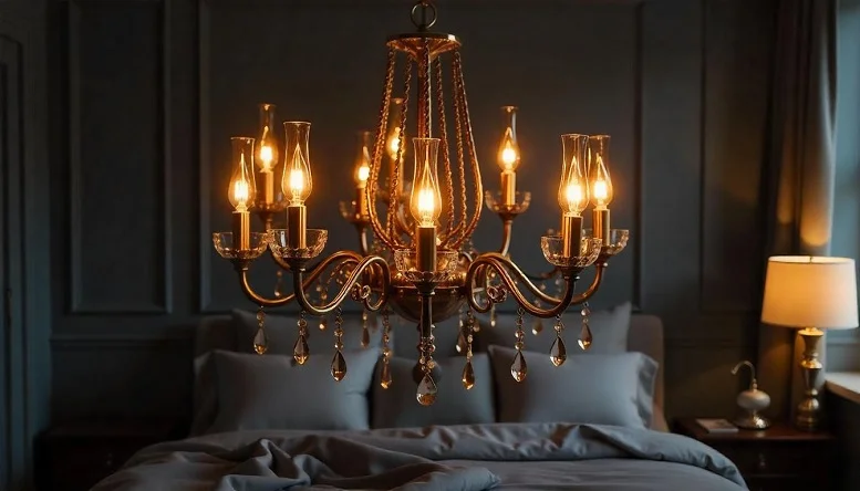 Elegant chandelier with vintage-style bulbs illuminating a stylish bedroom. 