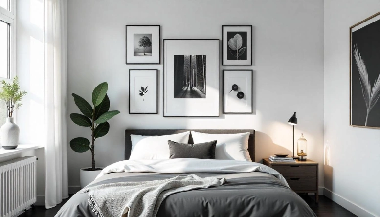 A stylish monochrome gallery wall featuring black-and-white framed art, enhancing the cozy ambiance of a modern black-and-white bedroom.