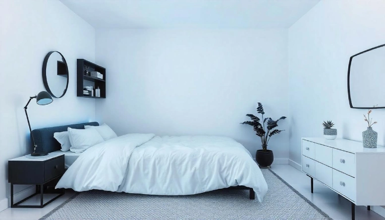 A black and white bedroom featuring monochrome minimalism with sleek furniture, simple decor, and a cozy ambiance.