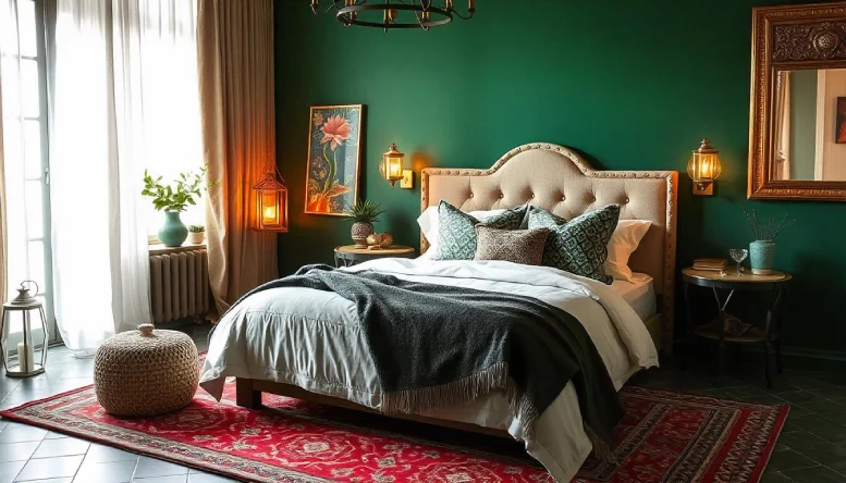 A dark green bedroom adorned with Moroccan-inspired green accents, including intricate patterns and lanterns, creating an exotic and elegant ambiance.