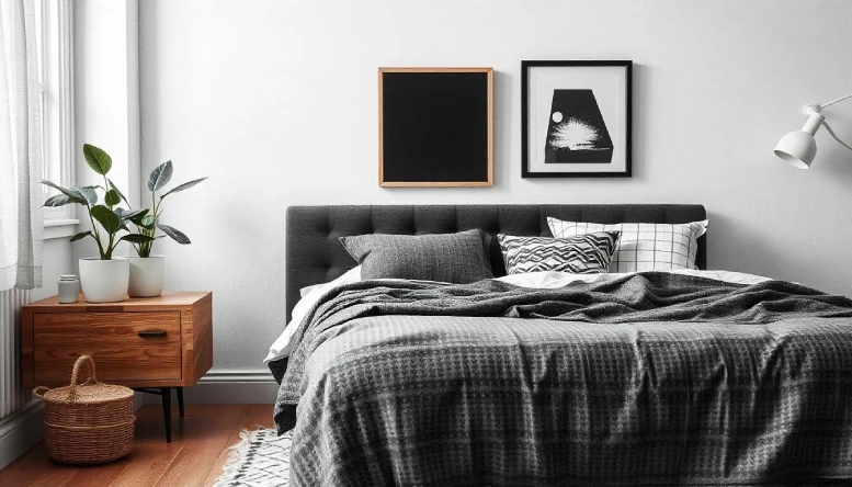 Stylish black and white bedroom with natural elements like wooden furniture, plants, and textured fabrics for a cozy, modern feel.