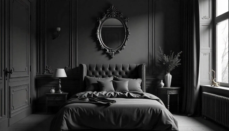 A Gothic bedroom showcasing ornate wall art with intricate designs, adding elegance and drama to the moody space.