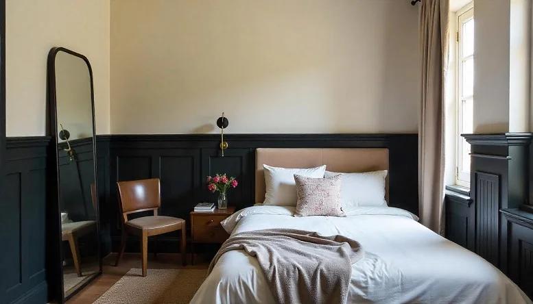 Black bedroom with painted wainscoting and light upper walls for an elegant two-tone effect. 