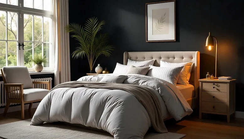 Elegant black bedroom with light neutral accents, including beige bedding and wooden furniture, for a balanced and cozy look. 