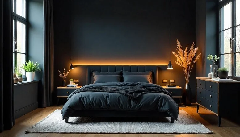 Black bedroom with warm wooden furniture and decor elements, creating a cozy and inviting space. 