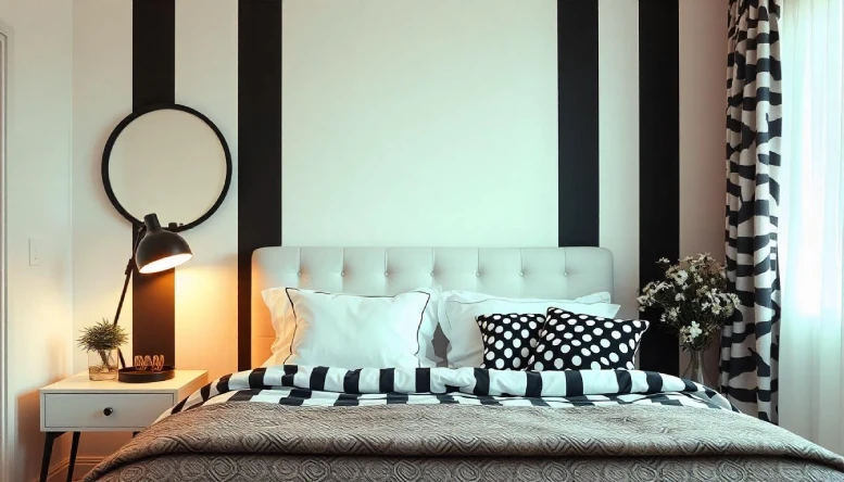 Black and white bedroom showcasing creative pattern mixing with striped bedding, polka dot pillows, and a cozy throw blanket.