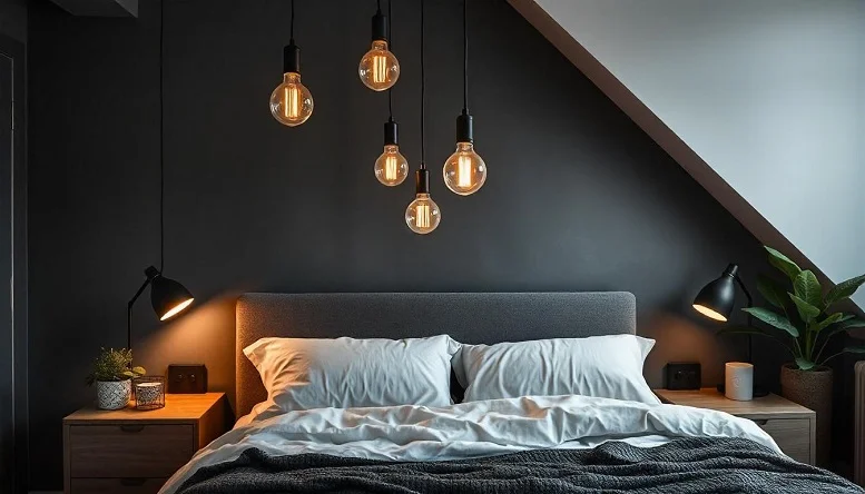 Cluster of pendant lights hanging above a bed in a modern black and grey bedroom.