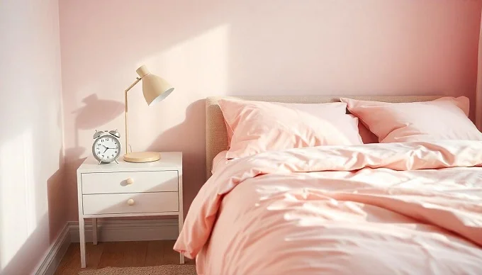 Minimalist pink bedroom featuring soft pink bedding and decorative textiles