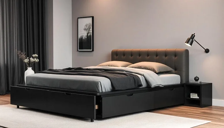 Black platform bed with built-in storage in a contemporary bedroom. 