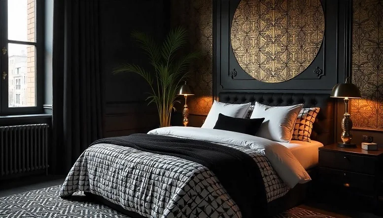 Black bedroom featuring patterned bedding and textured decor for a lively yet elegant style. 