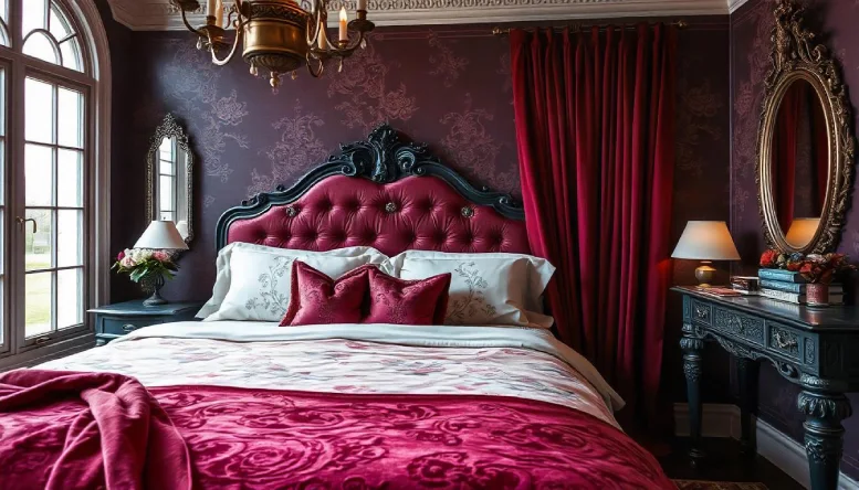 A Gothic bedroom adorned with burgundy velvet accents, including plush velvet curtains and a luxurious bedspread, creating a romantic and moody atmosphere.