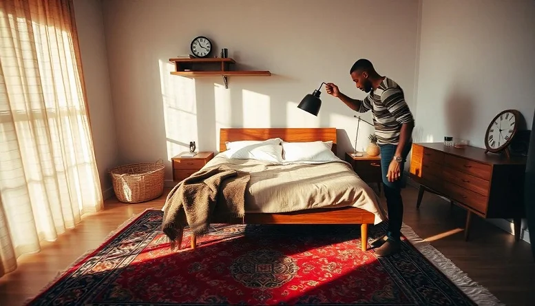 Bold geometric rug anchoring a mid century modern bedroom design. 