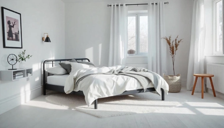 A sleek black and white Scandinavian-style bedroom featuring minimal furniture, cozy textures, and soft lighting for a warm, inviting atmosphere.