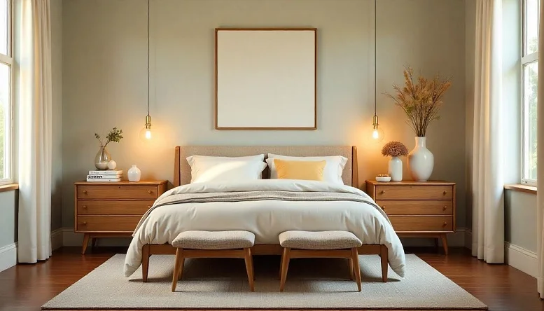 Wooden side tables with brass accents and minimalist lighting in a mid century modern bedroom. 