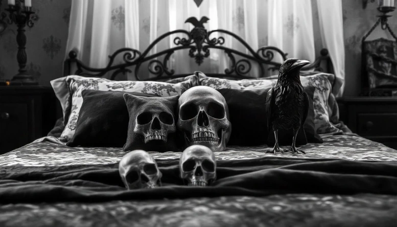 A Gothic bedroom featuring skull and raven décor, with intricately carved skull sculptures and raven figurines, enhancing the room's mysterious and moody vibe.