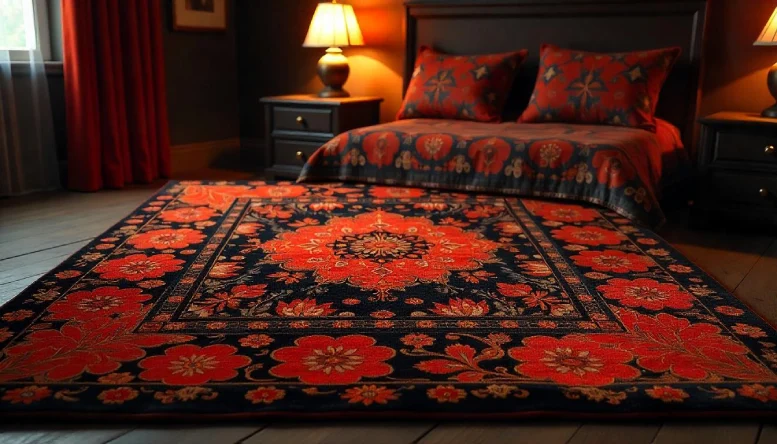 A Gothic bedroom featuring a statement rug with intricate patterns and dark, moody colors, adding depth and style to the room's decor.