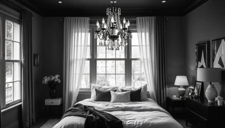 Modern black and white bedroom featuring bold statement lighting with cozy and playful decor accents.