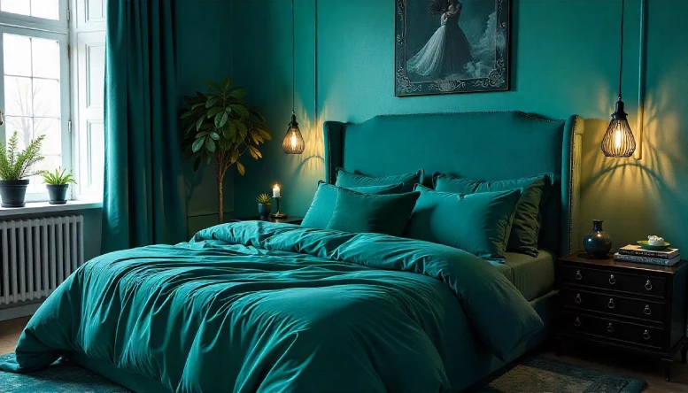 A Gothic bedroom combining rich teal accents with traditional dark Gothic elements, featuring teal bedding and décor against a moody black backdrop.