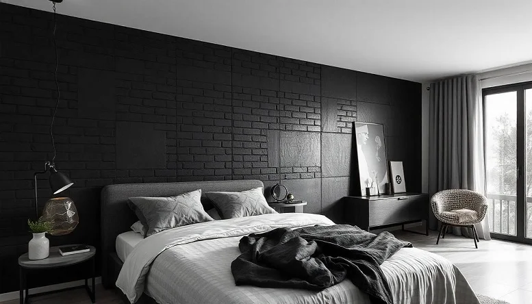 Black bedroom wall with textured design and modern decor. 