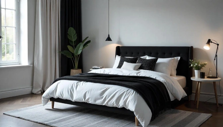 A black and white bedroom showcasing textured layers with a variety of fabrics and materials, creating a cozy and inviting atmosphere.