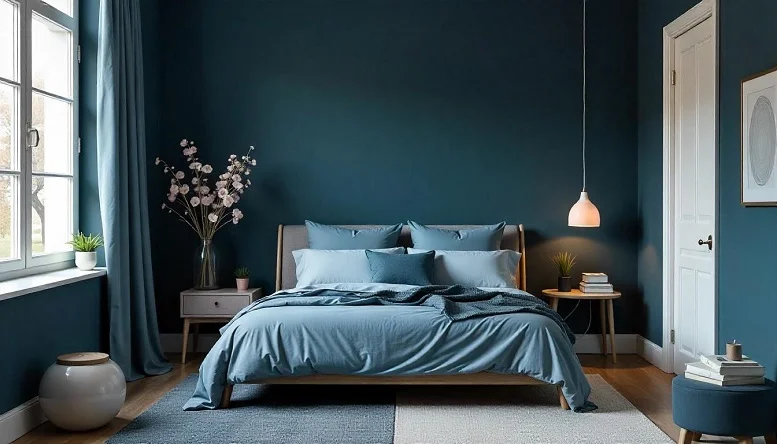 Bedroom featuring black walls with blue undertones and soft lighting for a calming and modern look. 