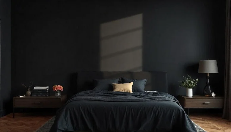 Minimalist black bedroom with a black accent wall and neutral decor for a striking yet balanced design. 