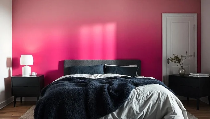 Modern pink bedroom with a tonal ombre effect on the walls